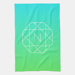 Cool Geometric Monogram   Blue & Lime Green Ombre Tea Towel