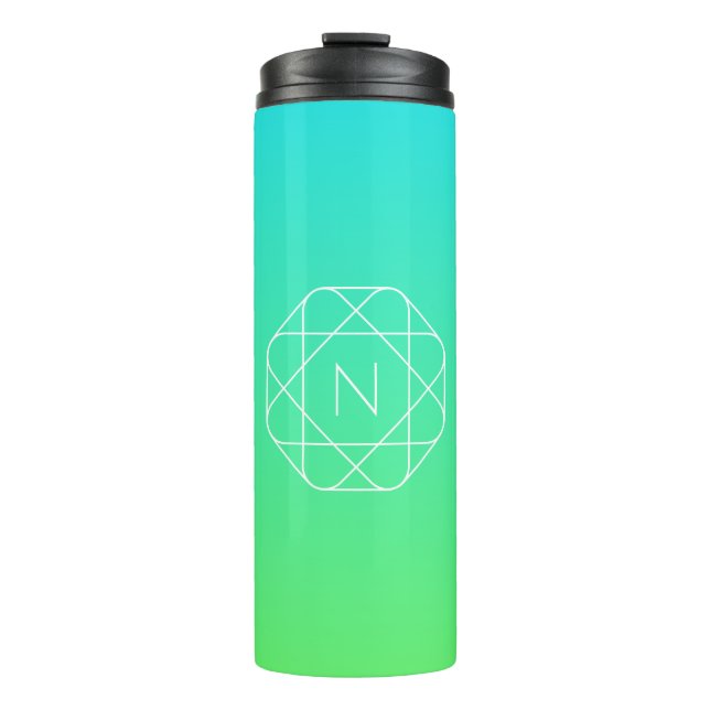 Cool Geometric Monogram | Blue & Lime Green Ombre Thermal Tumbler (Front)