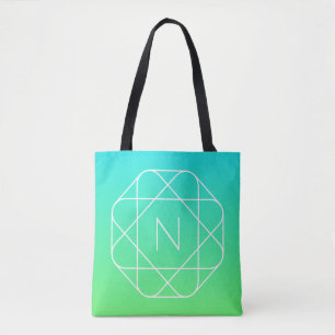 Cool Geometric Monogram   Blue & Lime Green Ombre Tote Bag
