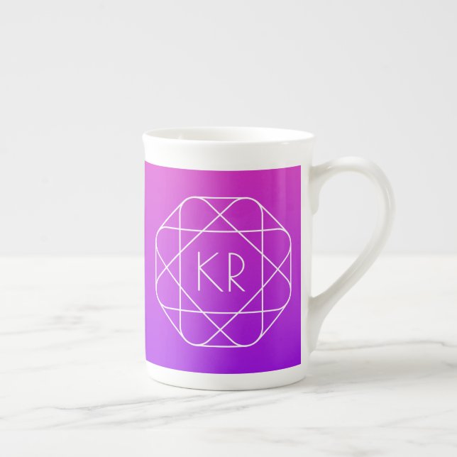 Cool Geometric Monogram | Magenta Purple Violet Bone China Mug (Right)