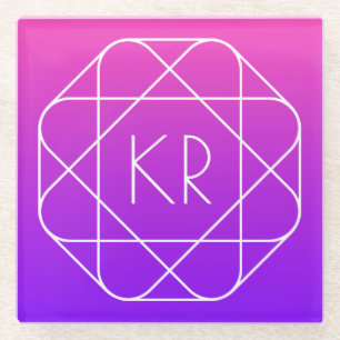 Cool Geometric Monogram Magenta Purple Violet Glass Coaster