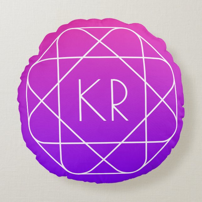 Cool Geometric Monogram | Magenta Purple Violet Round Cushion (Front)
