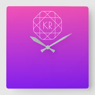 Cool Geometric Monogram   Magenta Purple Violet Square Wall Clock