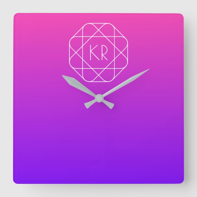 Cool Geometric Monogram | Magenta Purple Violet Square Wall Clock (Front)