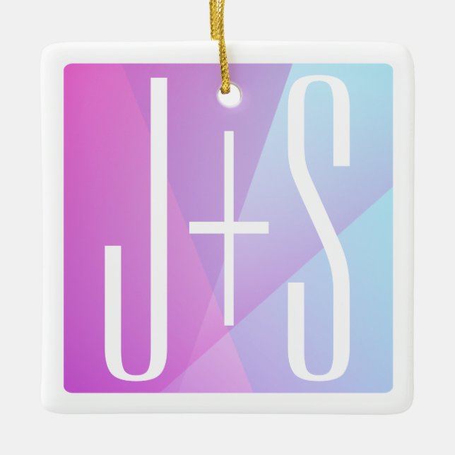 Cool Geometric Pink & Purple | Couples Initials Ceramic Ornament (Front)