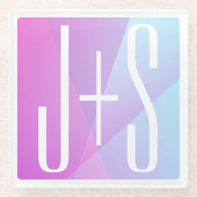 Cool Geometric Pink & Purple | Couples Initials Glass Coaster (Front)
