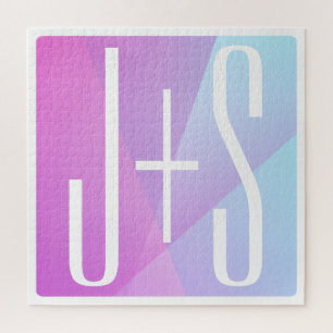 Cool Geometric Pink & Purple Couples Initials Jigsaw Puzzle
