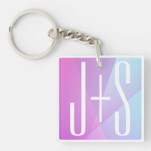 Cool Geometric Pink & Purple   Couples Initials Key Ring