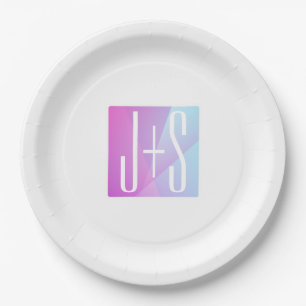 Cool Geometric Pink & Purple Couples Initials Paper Plate
