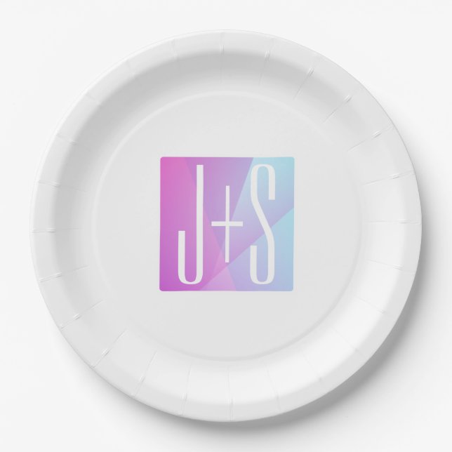 Cool Geometric Pink & Purple | Couples Initials Paper Plate (Front)