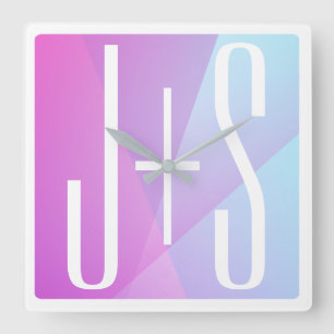 Cool Geometric Pink & Purple   Couples Initials Square Wall Clock
