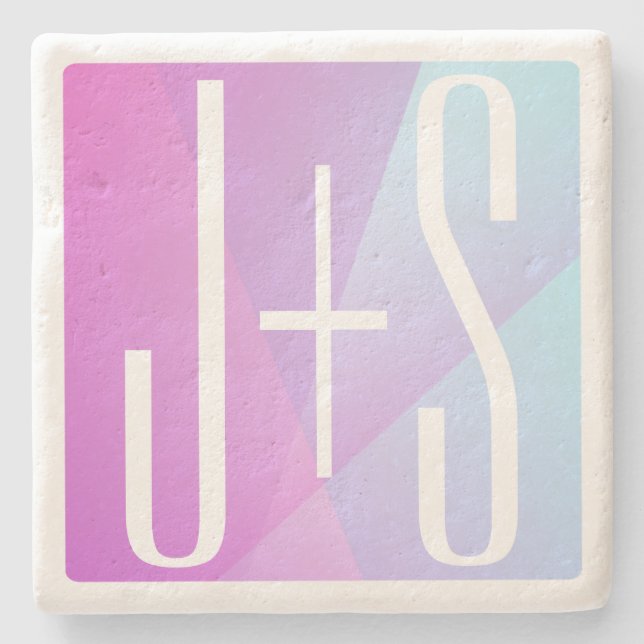 Cool Geometric Pink & Purple | Couples Initials Stone Coaster (Front)