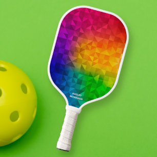Cool Geometric Rainbow Pattern Custom Text Name  Pickleball Paddle