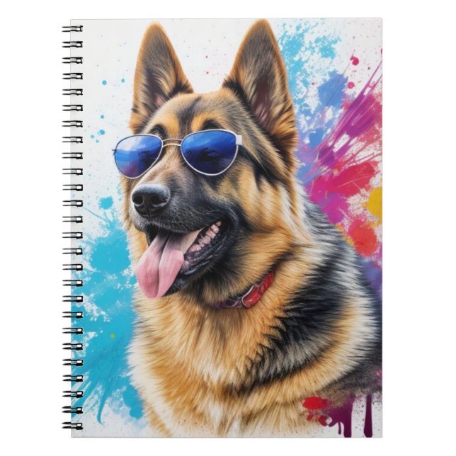 Cool German Shepherd Wearing Sunglasses Splash Art Notebook (Front)