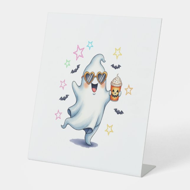 Cool Ghost Halloween Vibes Pedestal Sign (Front)