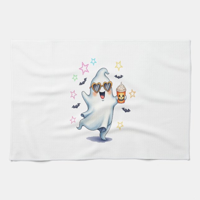Cool Ghost Halloween Vibes Tea Towel (Horizontal)