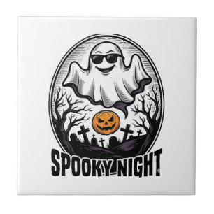 Cool Ghost Halloween Vintage Engraving Tee Art_1 Tile