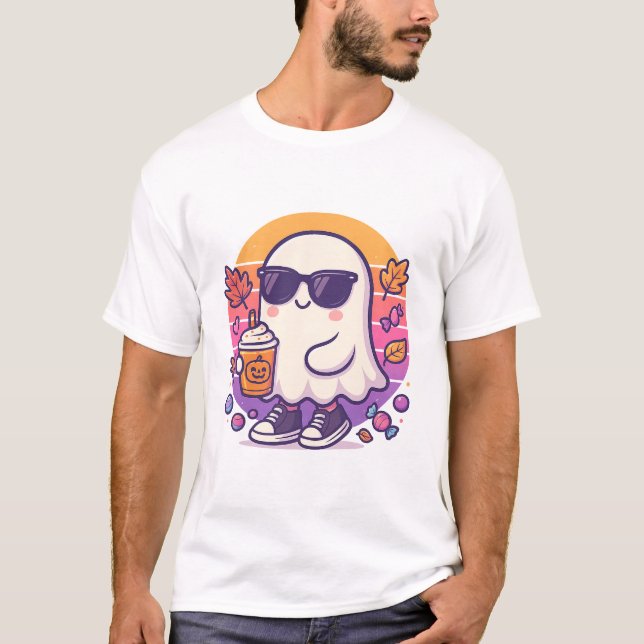 Cool Ghost with Pumpkin Spice – Retro Halloween Te T-Shirt (Front)