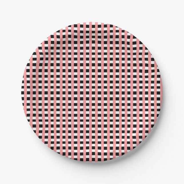 Cool Gingham Pink Black and White Pattern Design Paper Plate (Front)