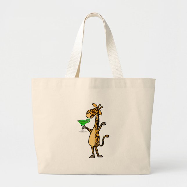 Cool Giraffe Drinking Margarita Cartoon Large Tote Bag (Front)