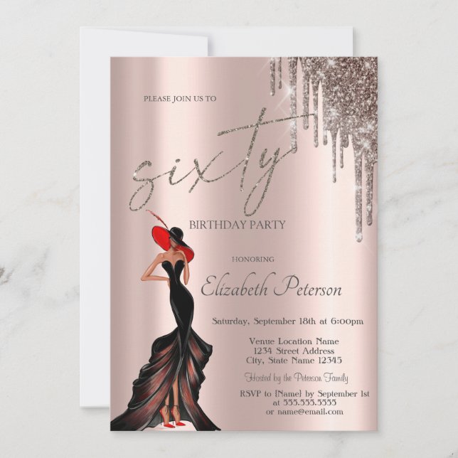 Cool Girl,Glitter Drips Rose Gold 60th  Invitation (Front)