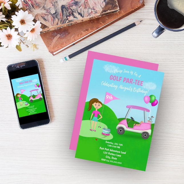 Cool Girl's Golfing Themed Birthday Party Invitation (Celebrate your child's birthday with this fantastic golf party invitation!)