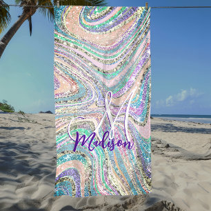 Cool girly faux glitter unicorn marble art beach towel