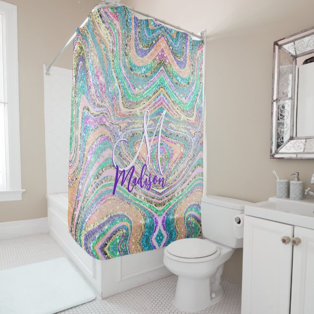 Cool girly faux glitter unicorn marble art shower curtain (In Situ)