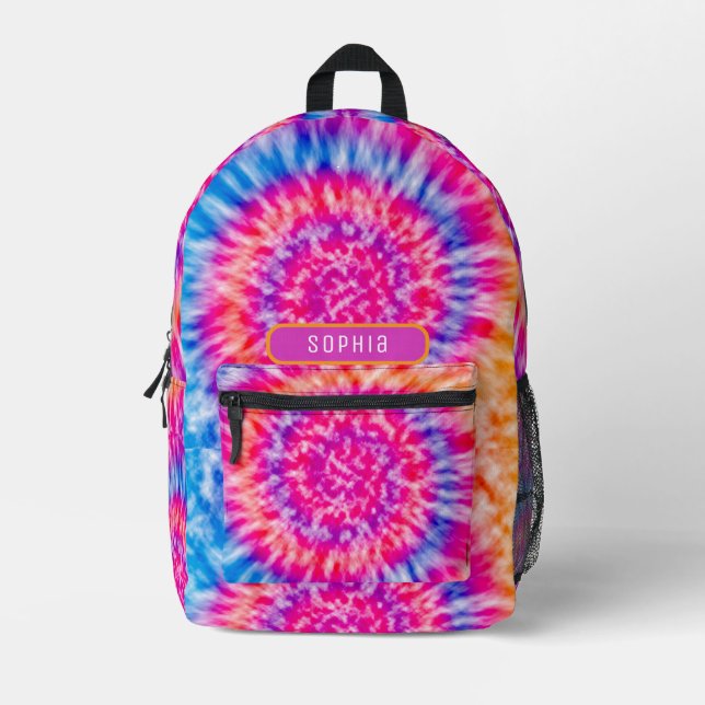 Cool Girly Hot Pink Blue Orange Tie Dye Teens Printed Backpack (Front)