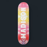 Cool Girly Tie Dye Custom Personalised Name Skateboard<br><div class="desc">Cool Girly Tie Dye Custom Personalised Name Skateboard features your personalised name in modern white typography on pink and yellow tie dye background. Personalise by editing the text in the text box provided. Give a custom made gift, personalised skateboard to your favourite skateboarder for Christmas, birthday or your BFF. Designed...</div>