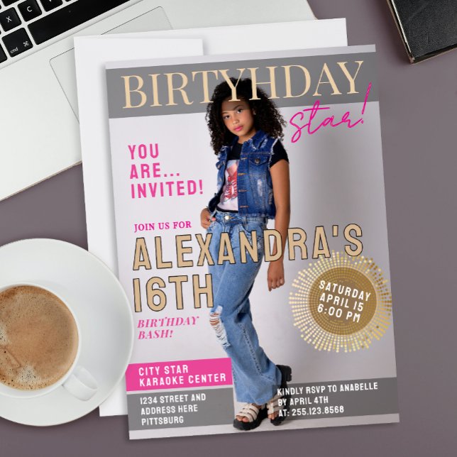 Cool Glam 16th Birthday Magazine Cover News Photo Invitation (Creator Uploaded)