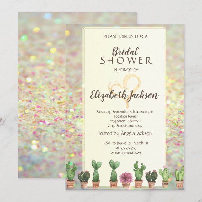 Cool Glitter Bokeh Cactus  Bridal Shower Invitation (Front/Back)