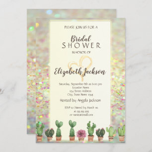 Cool Glitter Bokeh Cactus  Bridal Shower Invitation