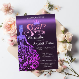 Cool Glitter Bokeh,Dress,Tiara,Purple Sweet 17   Invitation