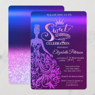Cool Glitter Dress,Tiara,Purple Ombre Sweet 17  Invitation