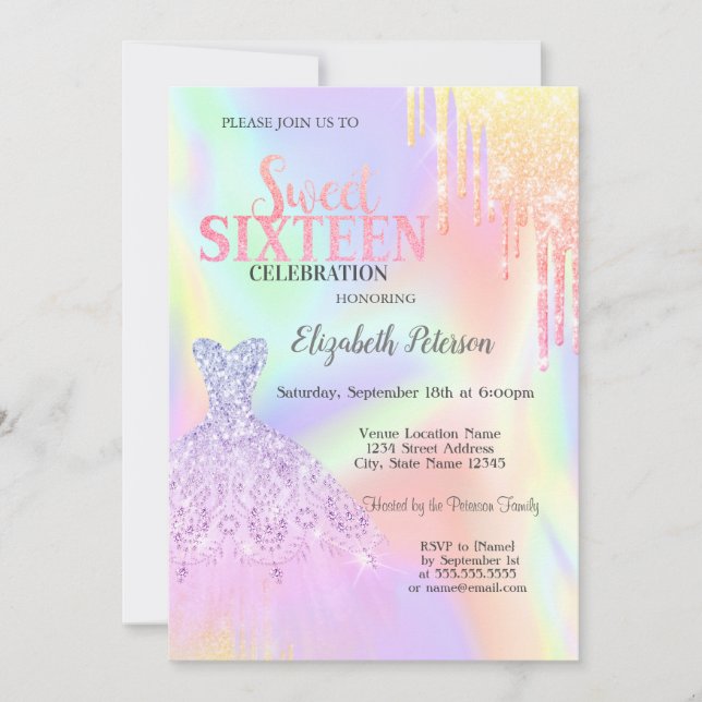 Cool Glitter Drips,Dress Holographic Sweet 16 Invitation (Front)