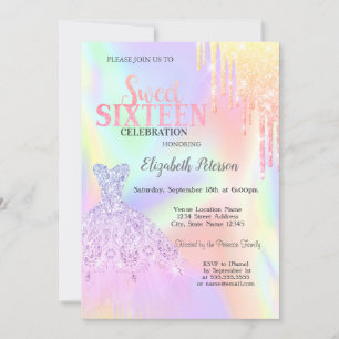 Cool Glitter Drips,Dress Holographic Sweet 16 Invitation