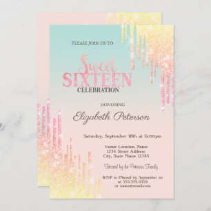 Cool Glitter Drips Ombre Sweet 16   Invitation