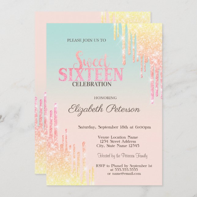 Cool Glitter Drips Ombre Sweet 16   Invitation (Front/Back)
