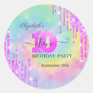 Cool Glitter Drips Tie Dye 10th Birthday   Classic Round Sticker