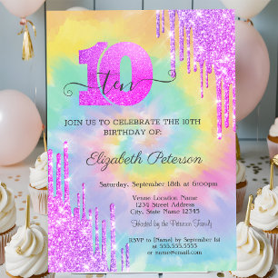 Cool Glitter Drips Tie Dye 10th Birthday  Invitation