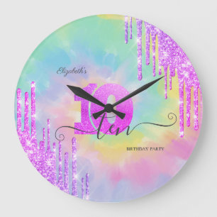 Cool Glitter Drips Tie Dye 10th Birthday Large Clock