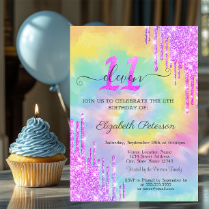 Cool Glitter Drips Tie Dye 11th Birthday  Invitation