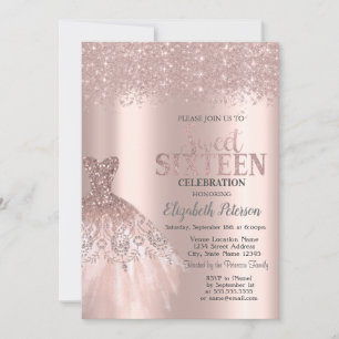 Cool Glitter Dust,Dress Rose Gold Sweet 16 Invitation