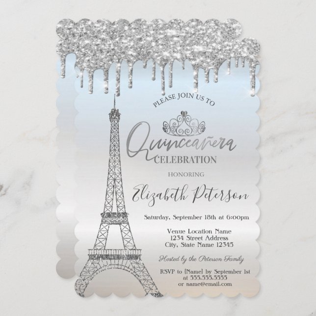 Cool Glitter Eiffel Tower,Drips Silver Quinceañera Invitation (Front/Back)