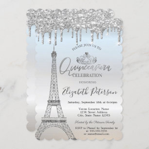 Cool Glitter Eiffel Tower,Drips Silver Quinceañera Invitation
