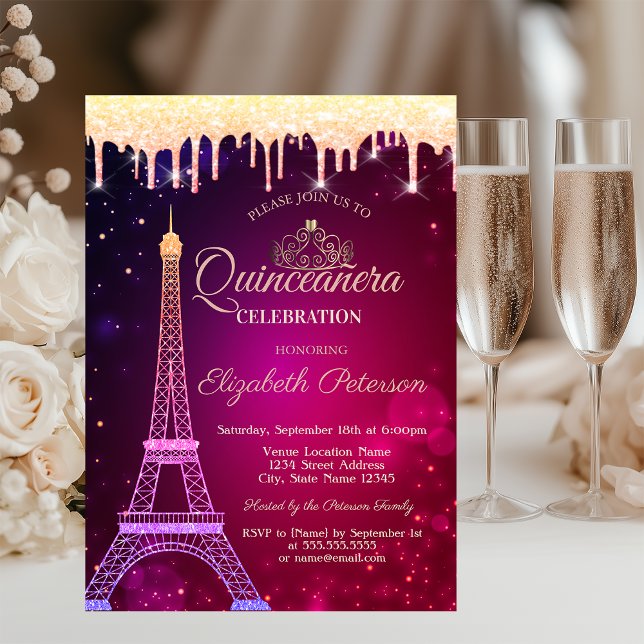 Cool Glitter Eiffel Tower Tiara Drips Quinceañera Invitation (Creator Uploaded)