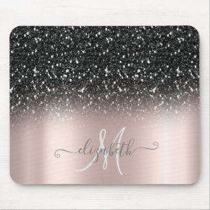 Cool Glitter Ombre Black Monogram Rose Gold Mouse Mat