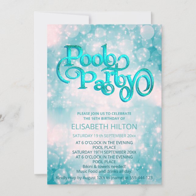 Cool glitter script pool party birthday  invitation (Front)