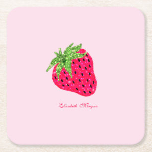 Cool Glitter Strawberry  Square Paper Coaster